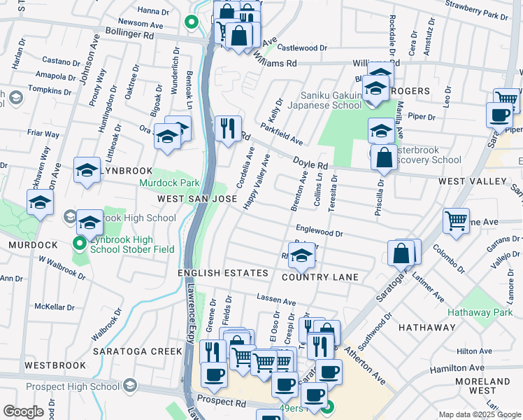 map of restaurants, bars, coffee shops, grocery stores, and more near 5245 Shady Avenue in San Jose