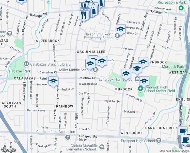 map of restaurants, bars, coffee shops, grocery stores, and more near 6151 Rainbow Drive in San Jose