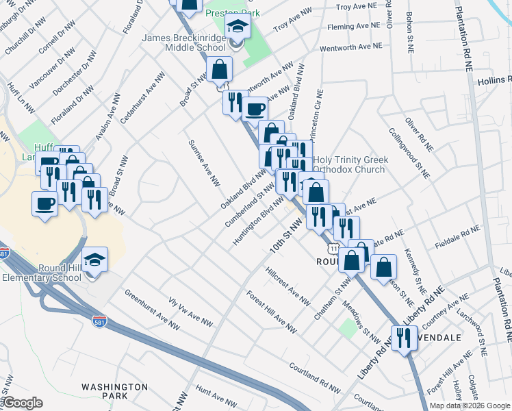map of restaurants, bars, coffee shops, grocery stores, and more near 2904 Cumberland Street Northwest in Roanoke