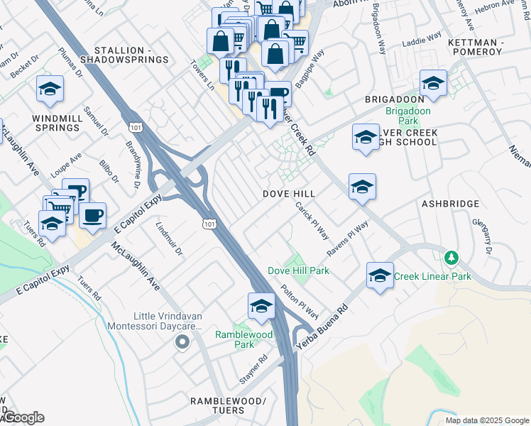 map of restaurants, bars, coffee shops, grocery stores, and more near 1401 Quiet Meadow Court in San Jose