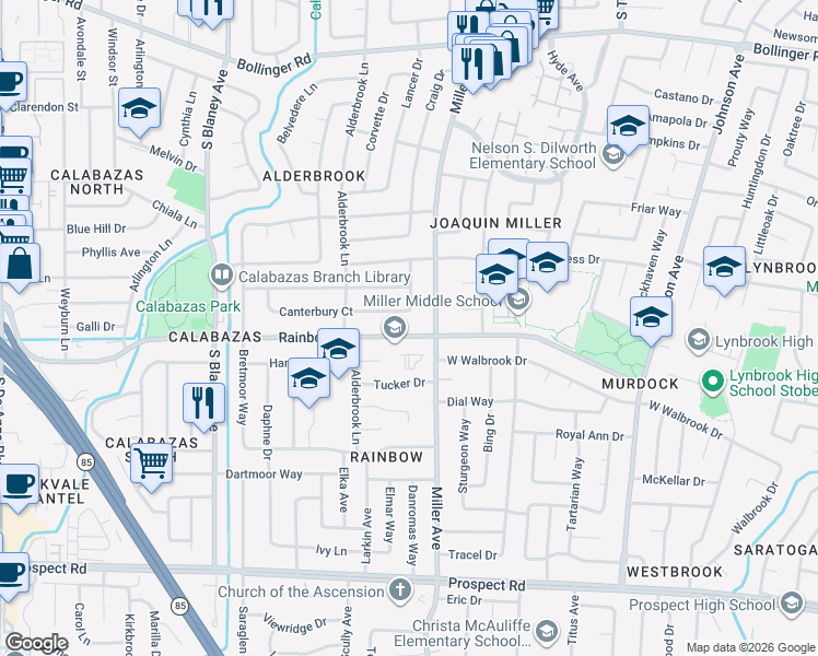 map of restaurants, bars, coffee shops, grocery stores, and more near 6354 Dresden Way in San Jose