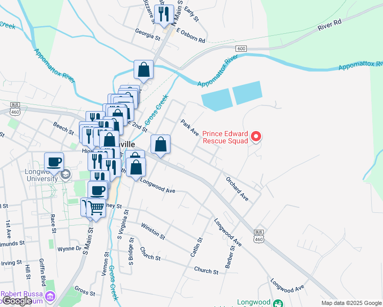 map of restaurants, bars, coffee shops, grocery stores, and more near 311 Watson St in Farmville