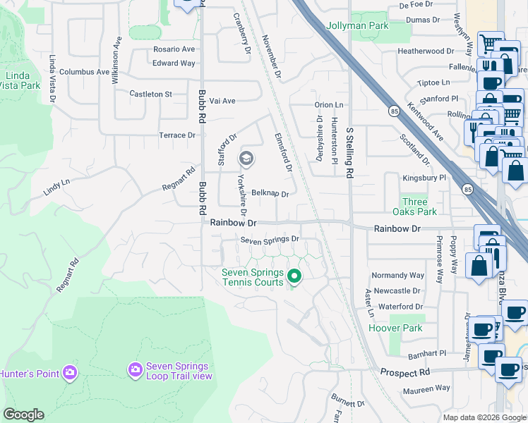 map of restaurants, bars, coffee shops, grocery stores, and more near 1209 Weymoth Drive in Cupertino