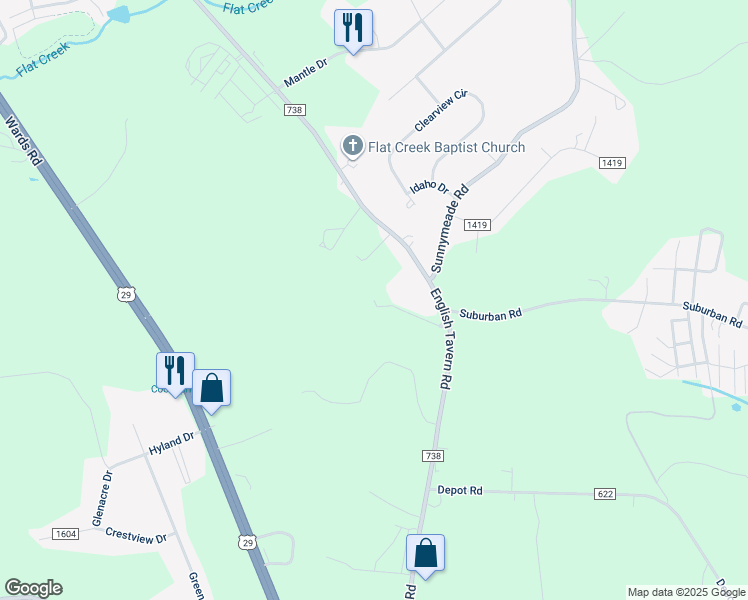 map of restaurants, bars, coffee shops, grocery stores, and more near 421 Cool Springs Drive in Lynchburg