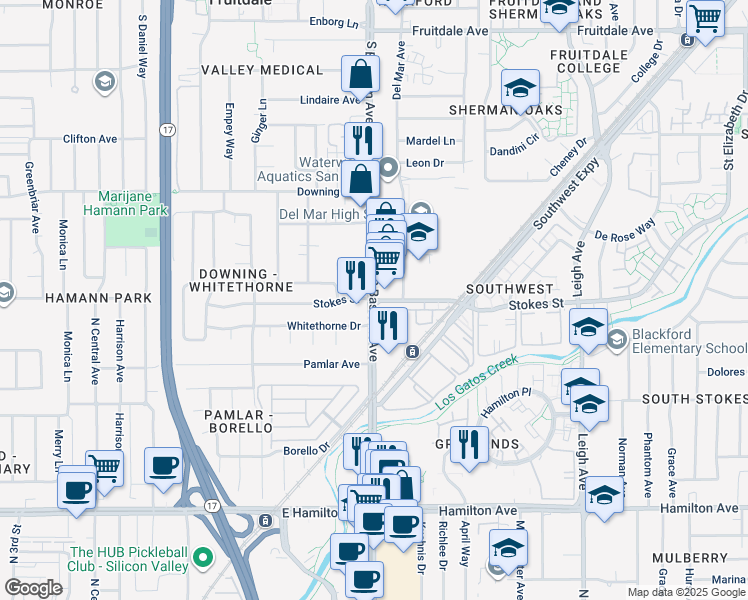 map of restaurants, bars, coffee shops, grocery stores, and more near S Bascom Ave & Stokes St in San Jose
