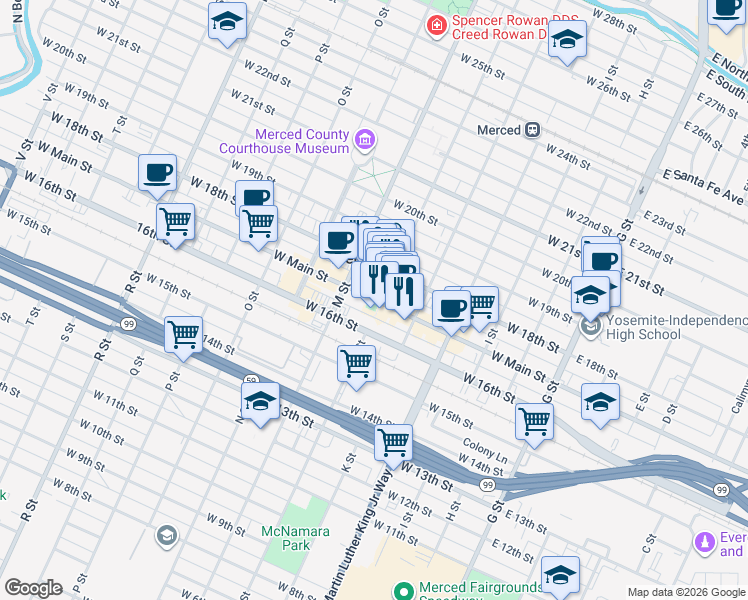 map of restaurants, bars, coffee shops, grocery stores, and more near in Merced