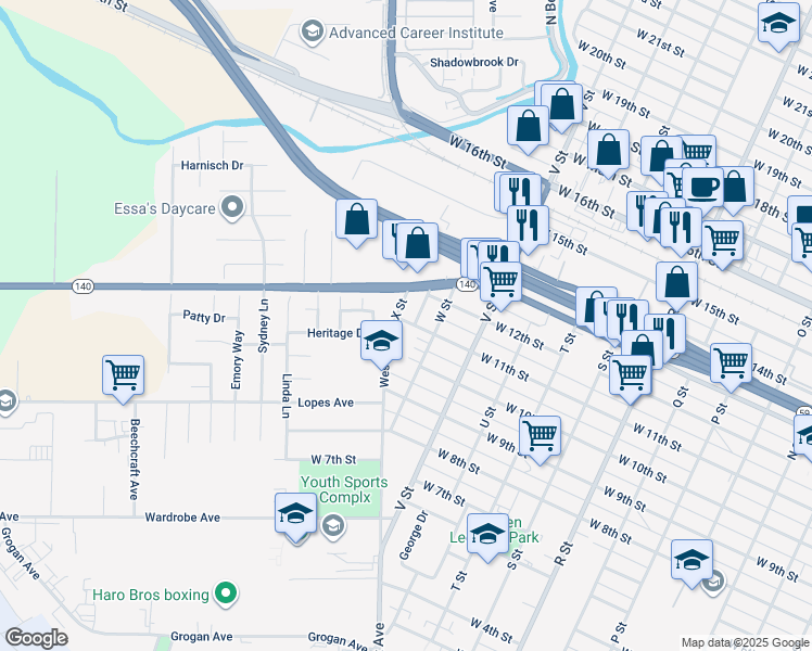 map of restaurants, bars, coffee shops, grocery stores, and more near 1130 West Drive in Merced