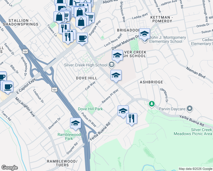 map of restaurants, bars, coffee shops, grocery stores, and more near 1549 Via Alegria Court in San Jose