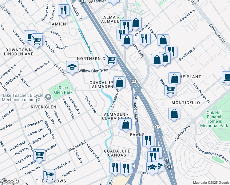 map of restaurants, bars, coffee shops, grocery stores, and more near 1821a Almaden Road in San Jose