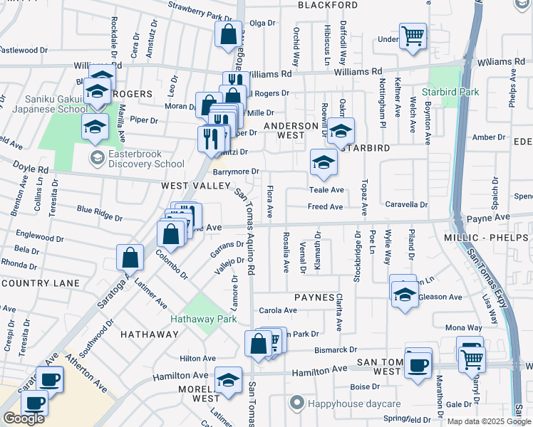 map of restaurants, bars, coffee shops, grocery stores, and more near 1258 Flora Avenue in San Jose