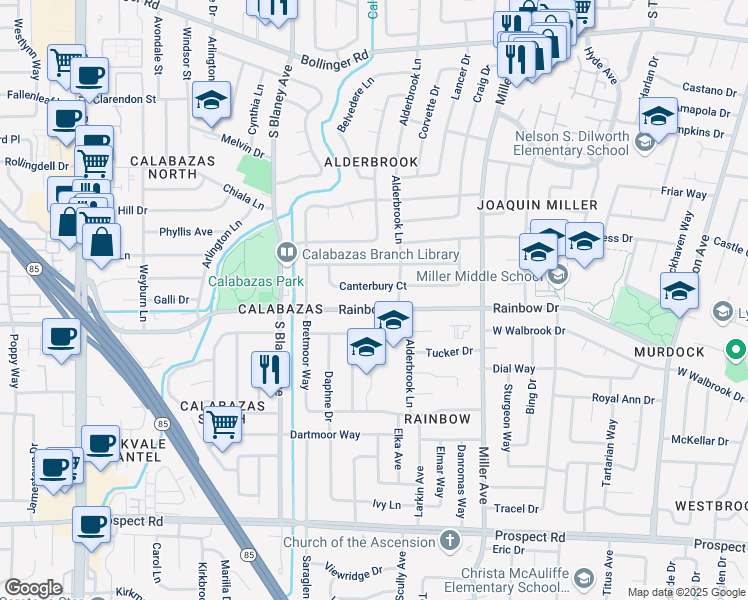 map of restaurants, bars, coffee shops, grocery stores, and more near 6521 Canterbury Court in San Jose