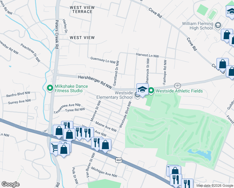 map of restaurants, bars, coffee shops, grocery stores, and more near 3937 Hershberger Road Northwest in Roanoke