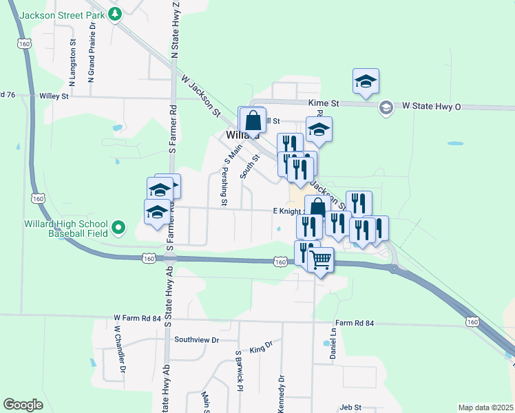map of restaurants, bars, coffee shops, grocery stores, and more near 302 Howard Street in Willard