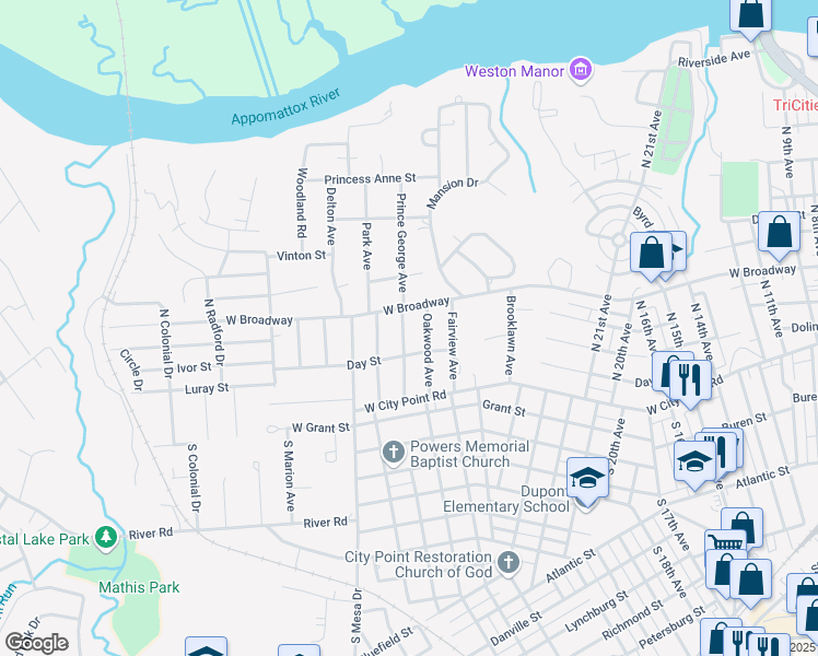 map of restaurants, bars, coffee shops, grocery stores, and more near 207 Prince George Avenue in Hopewell