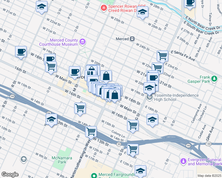 map of restaurants, bars, coffee shops, grocery stores, and more near 301 West 18th Street in Merced