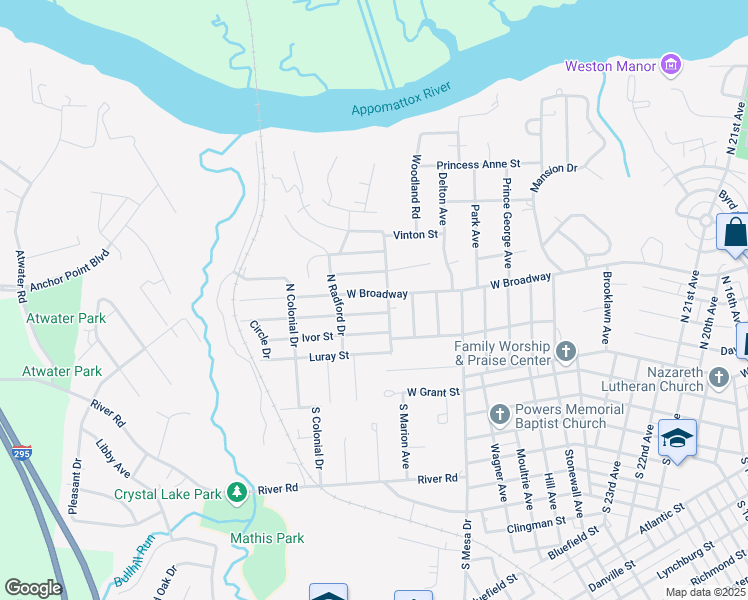 map of restaurants, bars, coffee shops, grocery stores, and more near 3213 West Broadway in Hopewell