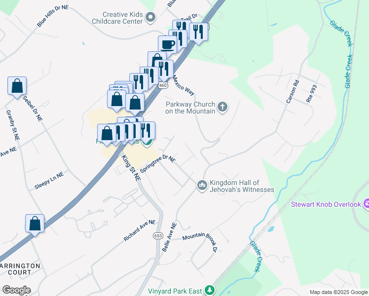 map of restaurants, bars, coffee shops, grocery stores, and more near 3348 Ridgerun Drive Northeast in Roanoke