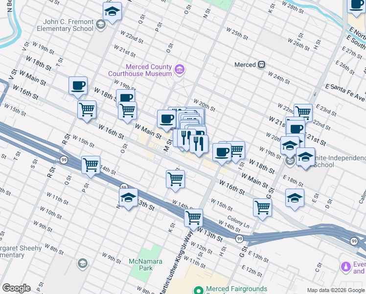 map of restaurants, bars, coffee shops, grocery stores, and more near 515 West Main Street in Merced