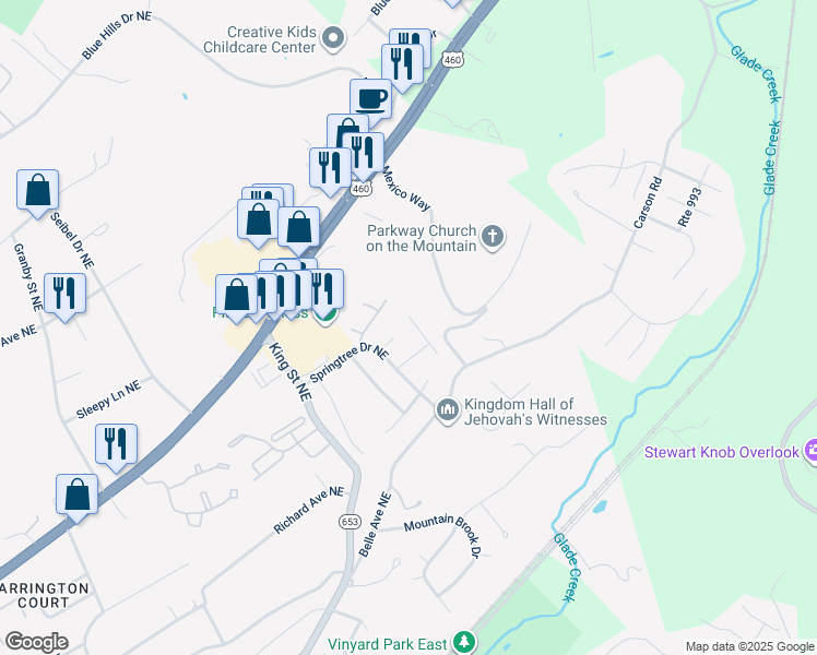 map of restaurants, bars, coffee shops, grocery stores, and more near 3348 Ridgerun Drive Northeast in Roanoke