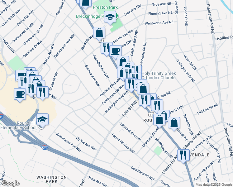 map of restaurants, bars, coffee shops, grocery stores, and more near 2831 Cumberland Street Northwest in Roanoke