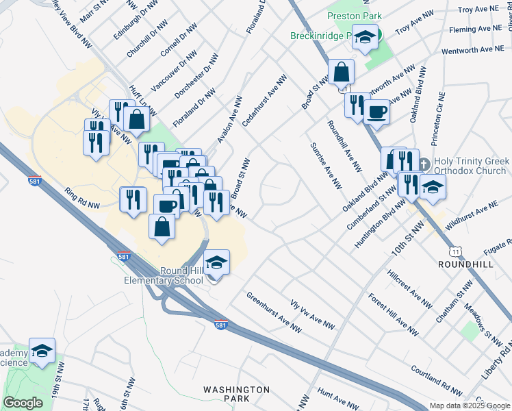 map of restaurants, bars, coffee shops, grocery stores, and more near 2422 Maycrest Street Northwest in Roanoke