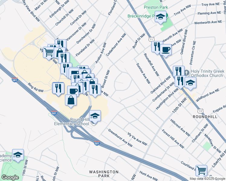 map of restaurants, bars, coffee shops, grocery stores, and more near 2422 Maycrest Street Northwest in Roanoke