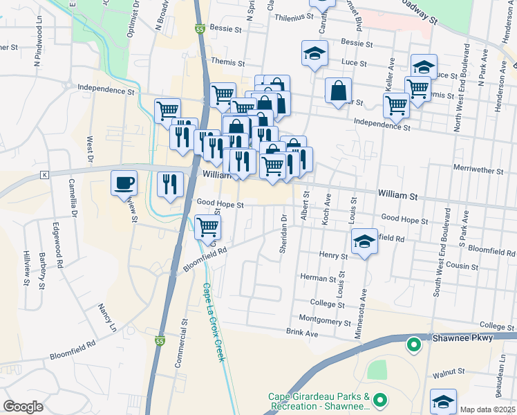 map of restaurants, bars, coffee shops, grocery stores, and more near 2117 William Street in Cape Girardeau