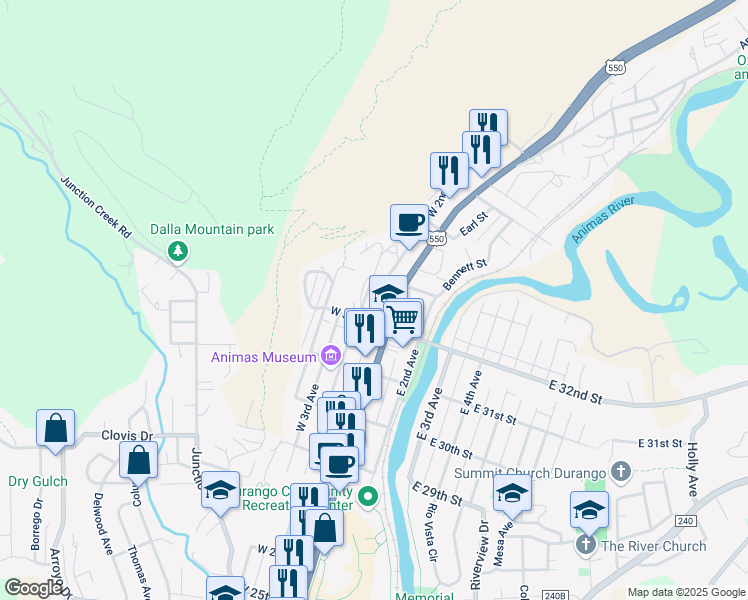map of restaurants, bars, coffee shops, grocery stores, and more near 160 W 33rd St in Durango