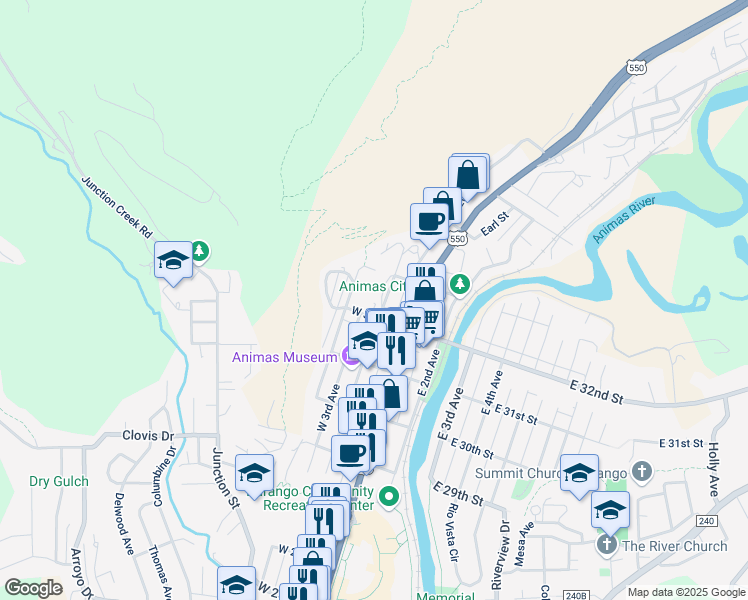 map of restaurants, bars, coffee shops, grocery stores, and more near 3226 West 4th Avenue in Durango
