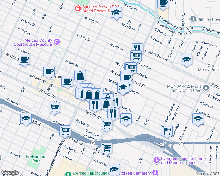 map of restaurants, bars, coffee shops, grocery stores, and more near 60 West 20th Street in Merced