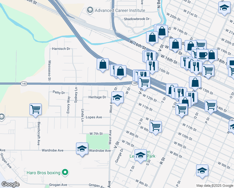 map of restaurants, bars, coffee shops, grocery stores, and more near 1130 West Drive in Merced