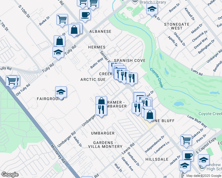 map of restaurants, bars, coffee shops, grocery stores, and more near 555 Umbarger Road in San Jose