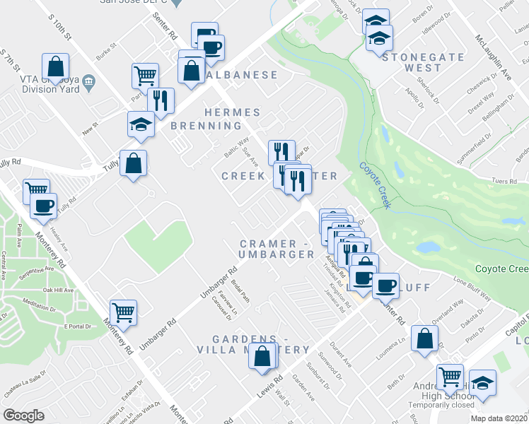 map of restaurants, bars, coffee shops, grocery stores, and more near 555 Umbarger Road in San Jose