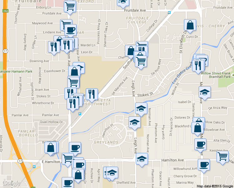 map of restaurants, bars, coffee shops, grocery stores, and more near 1780 De Marietta Court in San Jose