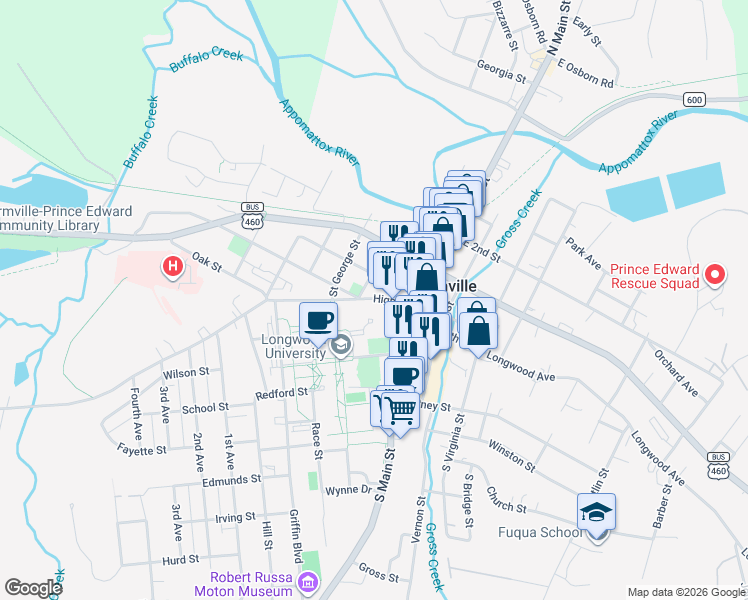 map of restaurants, bars, coffee shops, grocery stores, and more near in Farmville