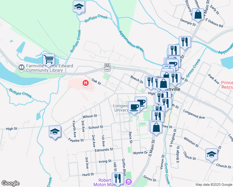 map of restaurants, bars, coffee shops, grocery stores, and more near 100-198 Appomattox Street in Farmville