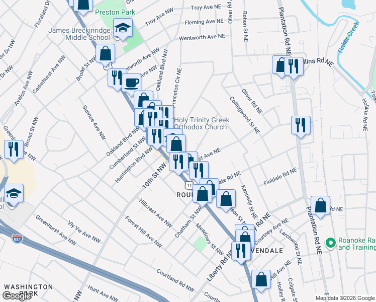 map of restaurants, bars, coffee shops, grocery stores, and more near 3307 Birchwood Avenue Northeast in Roanoke