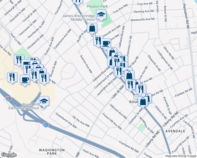 map of restaurants, bars, coffee shops, grocery stores, and more near 2806 Oakland Boulevard Northwest in Roanoke