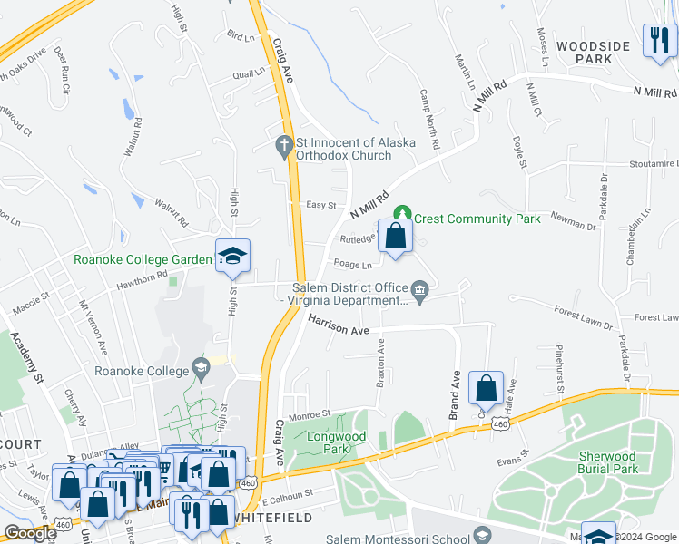 map of restaurants, bars, coffee shops, grocery stores, and more near 500 Poage Lane in Salem