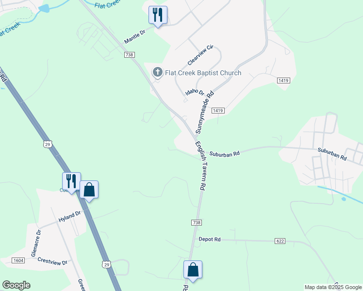 map of restaurants, bars, coffee shops, grocery stores, and more near 131 Cool Springs Drive in Lynchburg
