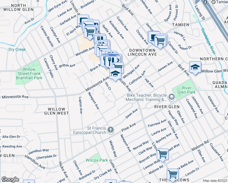 map of restaurants, bars, coffee shops, grocery stores, and more near 1498 Iris Ct in San Jose