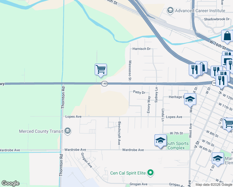 map of restaurants, bars, coffee shops, grocery stores, and more near 2044 W Street in Merced