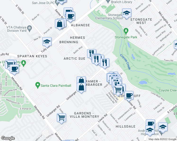 map of restaurants, bars, coffee shops, grocery stores, and more near 555 Umbarger Road in San Jose