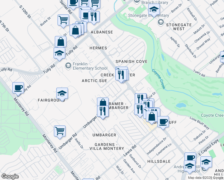 map of restaurants, bars, coffee shops, grocery stores, and more near 555 Umbarger Road in San Jose