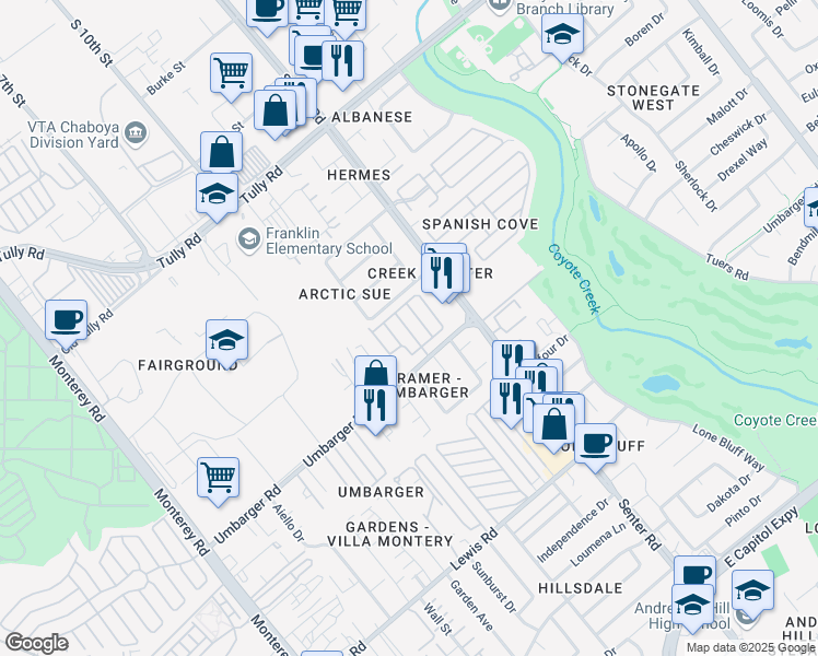 map of restaurants, bars, coffee shops, grocery stores, and more near 555 Umbarger Road in San Jose