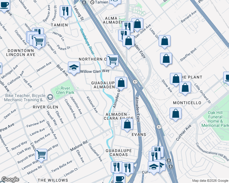 map of restaurants, bars, coffee shops, grocery stores, and more near 1853 Almaden Road in San Jose