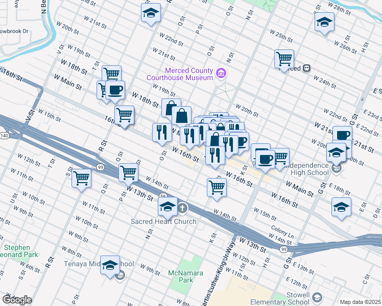 map of restaurants, bars, coffee shops, grocery stores, and more near 661 West 16th Street in Merced