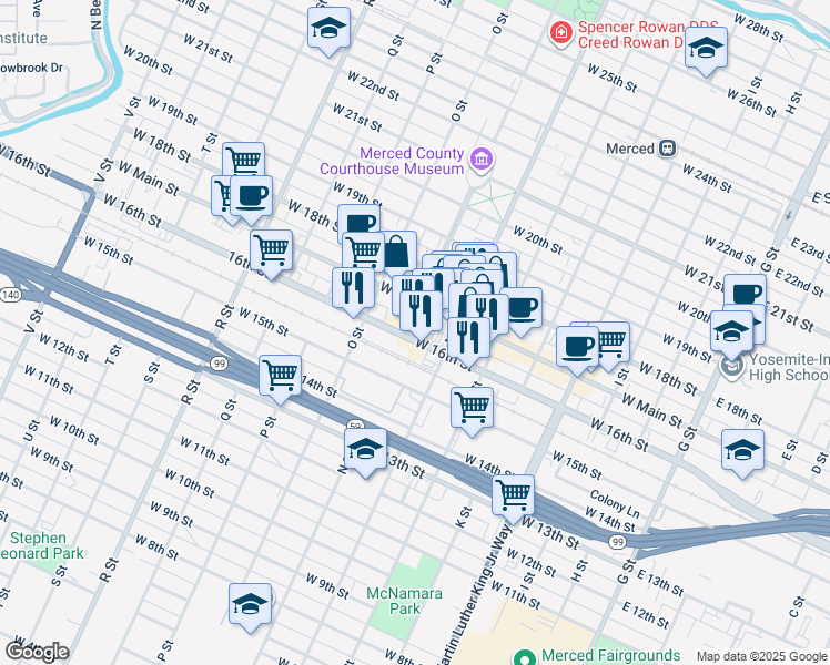 map of restaurants, bars, coffee shops, grocery stores, and more near 661 West 16th Street in Merced