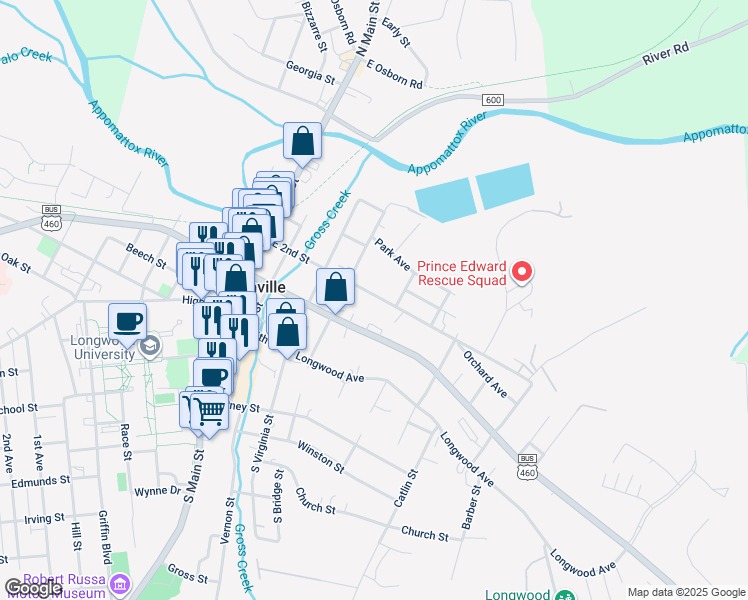 map of restaurants, bars, coffee shops, grocery stores, and more near 413 East 2nd Street in Farmville