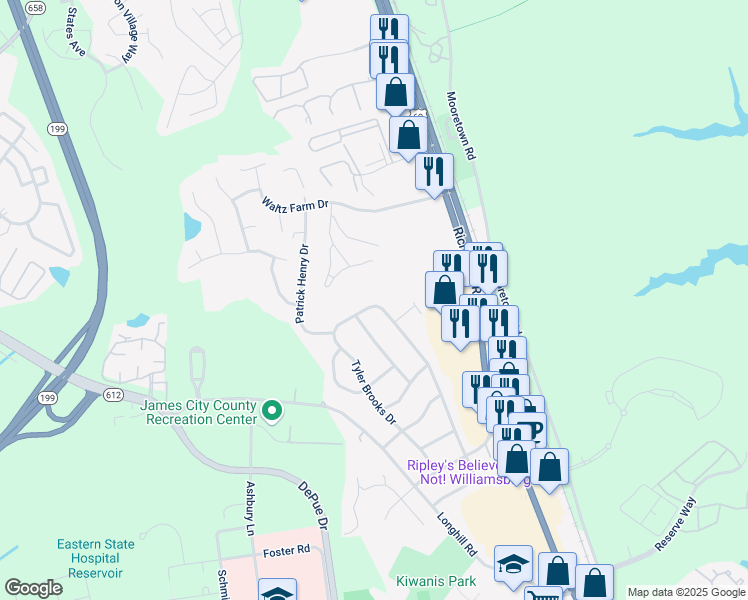 map of restaurants, bars, coffee shops, grocery stores, and more near 250 Thomas Nelson Lane in Williamsburg